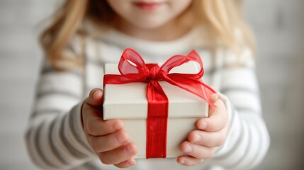 Close-up of a young girl’s hands presenting a white gift box decorated with a red ribbon