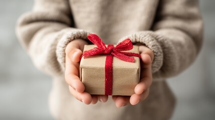 Child's hands presenting a small gift box wrapped in brown paper with a red ribbon