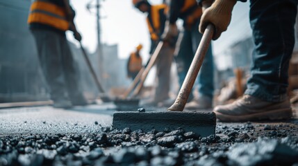 Construction workers laying asphalt on a road using hand tools, focusing on their legs and the textured surface of fresh asphalt during road construction