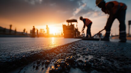 Construction workers laying asphalt on a road during sunset, capturing the process of road construction with silhouettes of workers and machinery against a vibrant sky