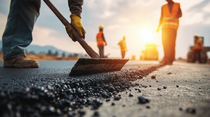 Construction workers laying asphalt on a road during sunset, with silhouettes of workers and machinery