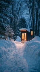 Experience a cozy cabin retreat nestled in a winter wonderland, with a snow-covered path guiding you to a warm, illuminated cabin surrounded by a serene forest. Perfect for a peaceful, snowy escape.