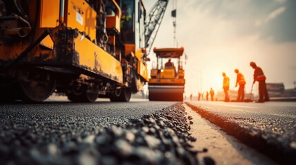 Road construction workers paving asphalt at sunset