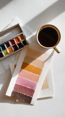 Bright and airy art studio featuring a watercolor palette, assorted swatches, and a fresh cup of coffee, all bathed in natural sunlight, providing a perfect environment for creatives to paint,