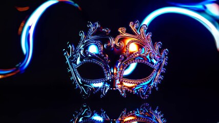 Carnival mask glows in swirling neon lines expressing creativity celebration mystery personal identity self expression festive vibrant abstract unique party artistic energy