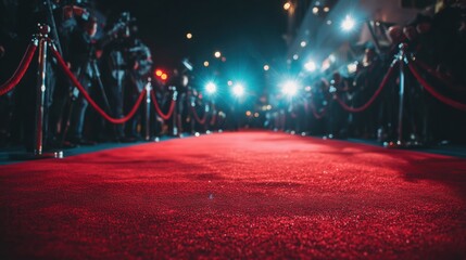Red carpet leading to bright spotlights and cameras, capturing the glamour and excitement of a high-profile event or award ceremony in a vibrant setting