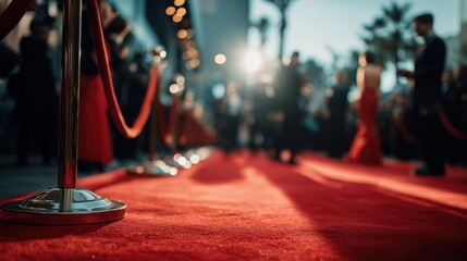 Red carpet entrance with velvet rope barriers, illuminated by bright lights