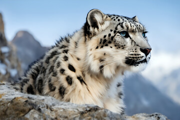 Snow Leopard on Cliff with Detail