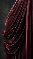 A stunning burgundy velvet drape with graceful folds and rich texture, perfect for backgrounds or design accents. Its dramatic lighting and shadow effects enhance the luxurious feel, creating a