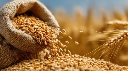 Close-up of a burlap sack pouring wheat seeds onto a golden wheat field