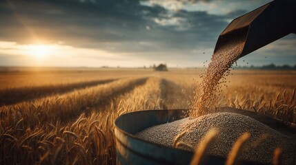 Large container pouring harvested grain into a bucket on a golden wheat field during sunset