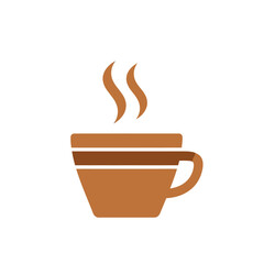 A simple, flat design icon of a steaming brown coffee cup on a white background.