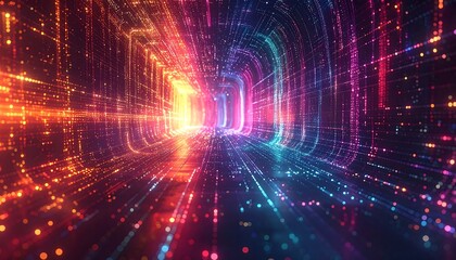 Abstract digital tunnel with vibrant colors and glowing particles