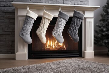 Transform your living space with a cozy fireplace adorned with holiday stockings, twinkling fairy lights, and warm accents that bring a delightful, festive atmosphere to your Christmas celebrations.