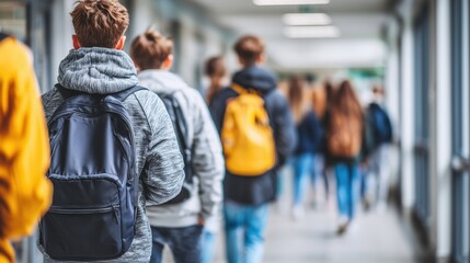 High school students walking and talking from behind