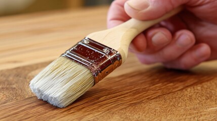 Close-up of a person's hand holding a paintbrush applying stain or varnish to a wooden surface
