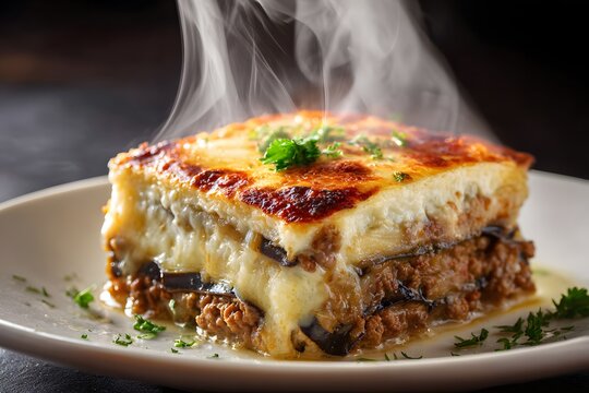 Close-up of Greek moussaka slice with golden baked cheese topping.