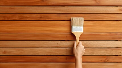 Hand holding a paintbrush applying stain or varnish to wooden floorboards