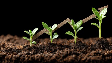 Small green plants growing in soil with a stick supporting the growth process