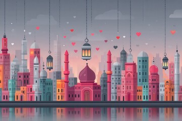Fototapeta premium Artistic depiction of a vibrant city skyline adorned with lanterns and hearts reflecting cultural charm and visual unity in a whimsical digital design encapsulating magic and warmth