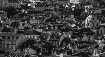 Stunning monochrome cityscape of Lisbon with historic buildings and rooftops galore