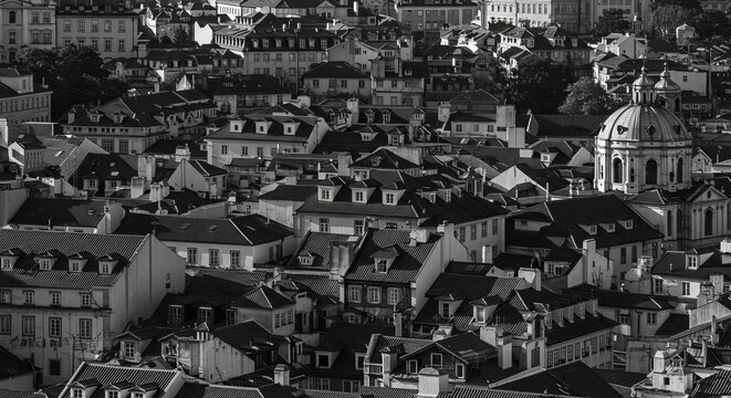 Stunning monochrome cityscape of Lisbon with historic buildings and rooftops galore - Powered by Adobe