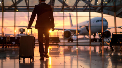 A professionally dressed traveler walks towards a plane at sunset, symbolizing the journey and aspirations of modern business life and adventure in the air.