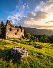 Scenic landscape of a ruined castle at sunset