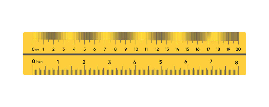 yellow ruler with centimeter and inch markings, a tool for measurement in school, office, and design.