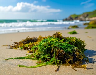 Seaweed on sandy beach, ocean waves