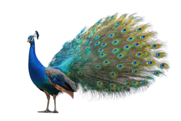 A vibrant Indian peacock with its magnificent train fully displayed, showcasing iridescent blue, green, and gold feathers. background removed