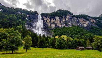 Fototapeta premium Majestic waterfall cascading down a mountainside, lush green forest, and a meadow