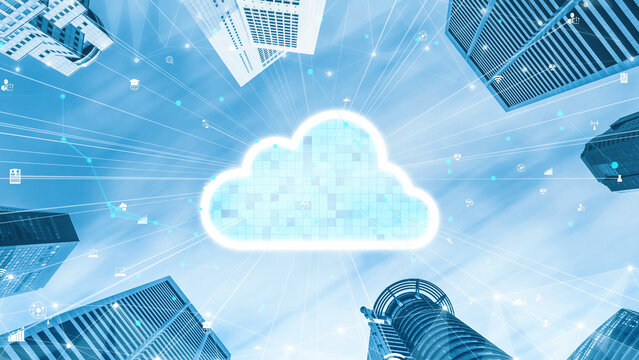 Innovative cloud computing concept illustrating digital connectivity above a modern cityscape, symbolizing technology advancement and data exchange in urban environments. Xenic - Powered by Adobe