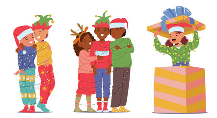 Happy overjoyed children bounded Christmas lights garland having fun rejoicing winter holiday spirit