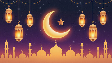 Ramadan festive illustration with glowing crescent moon, golden lanterns, shining star on purple night sky, mosque silhouette, perfect Islamic celebration or holiday background