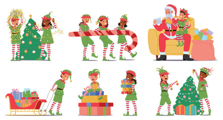 Cute kids Christmas elves preparing for holidays celebration and reading wish lists with Santa Claus
