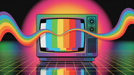 Colorful retro rainbow glitch waves flowing seamlessly across glowing neon television screen with vibrant digital distortion aesthetics, ideal for abstract nostalgic design backdrops