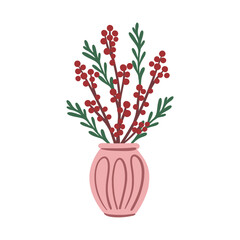 Red berry branches with green leaves in pink ceramic vase on white background. Winter holiday and New Year celebration. Design for greeting card, invitation, poster, print. Vector illustration