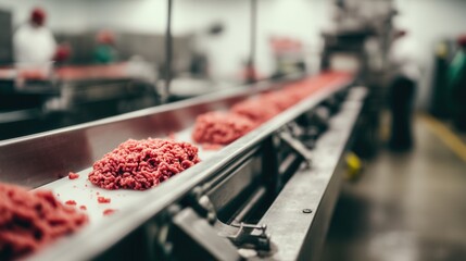 Minced meat traveling on a conveyor belt in a food processing factory