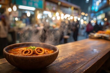 Fototapeta premium Bowl of Nakji-tang on a wooden counter with blurred market background.