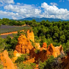 Scenic landscape view of a colorful canyon with lavender fields and mountains