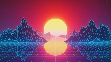Vaporwave retro futuristic surreal landscape with neon wireframe mountains reflecting glowing sun horizon, dreamy synthwave abstract digital 80s style illustration background