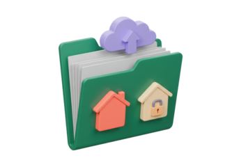 Isolated green folder with cloud and upload arrow, and houses with and without padlock, 3D icon