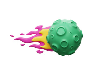 Isolated 3D rendering of a green asteroid in space with a colorful flame trail blazing behind