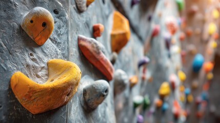 Rock climbing holds on an indoor gym wall with blurred background