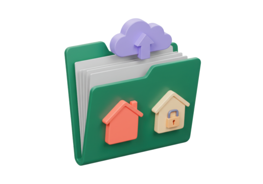 Isolated green folder with cloud and upload arrow, and houses with and without padlock, 3D icon