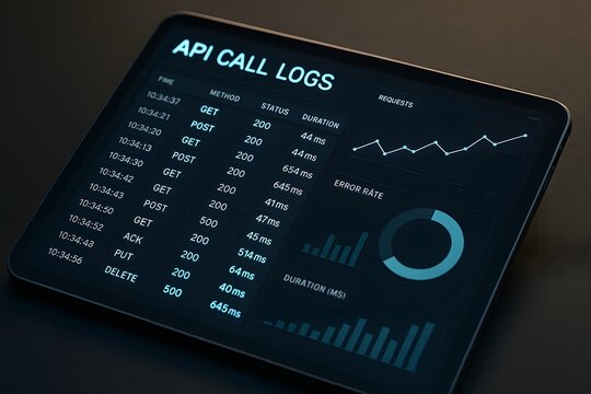 An API call log visualized on a digital tablet screen. 