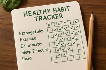 A healthy habit tracker with a pencil and spinach in the corner. 
