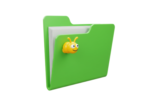 Isolated green file folder containing documents with a yellow cartoon bug character smiling