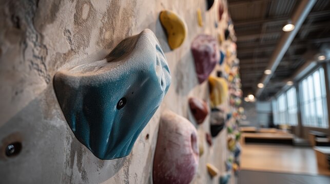 Close-up of a large blue climbing hold on an indoor wall
